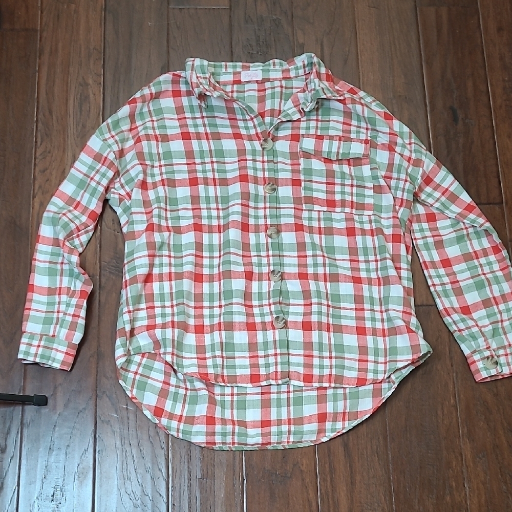 Pink Lily Red, Green & White Plaid Flannel Shacket size Medium